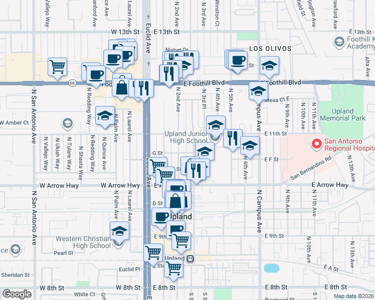 map of restaurants, bars, coffee shops, grocery stores, and more near 263 G Street in Upland