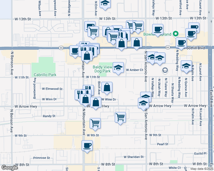 map of restaurants, bars, coffee shops, grocery stores, and more near 726 North Juniper Avenue in Upland