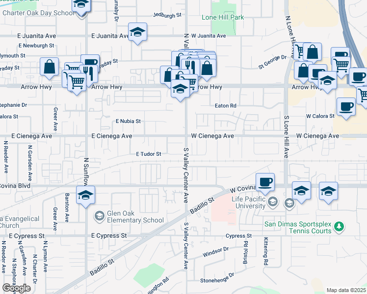 map of restaurants, bars, coffee shops, grocery stores, and more near 21344 East Venton Street in Covina