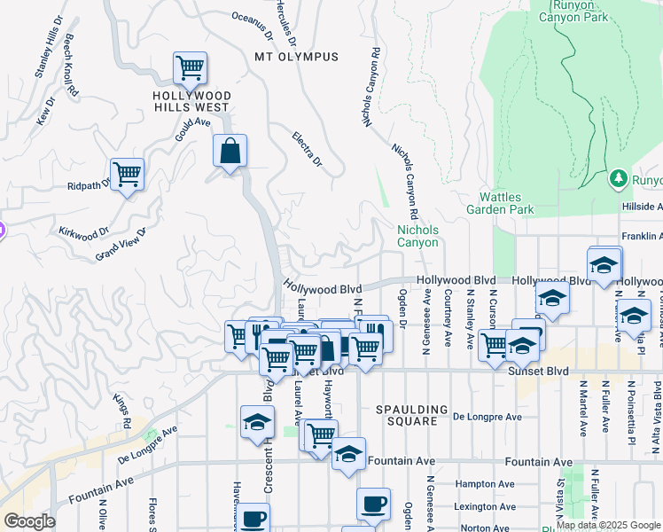 map of restaurants, bars, coffee shops, grocery stores, and more near 7939 Hillside Avenue in Los Angeles