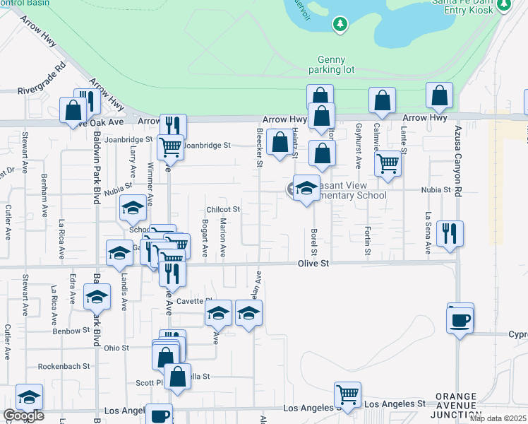map of restaurants, bars, coffee shops, grocery stores, and more near 4945 Bleecker Street in Baldwin Park