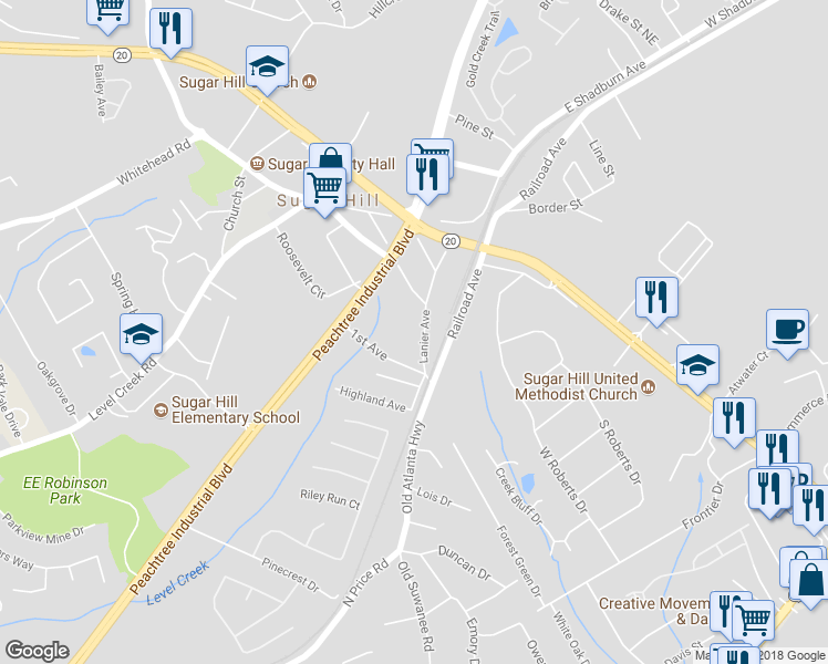 map of restaurants, bars, coffee shops, grocery stores, and more near 4812 Lanier Avenue in Sugar Hill