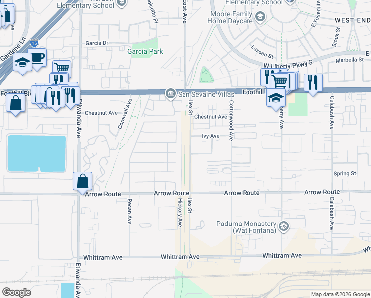 map of restaurants, bars, coffee shops, grocery stores, and more near 8340 Ilex Street in Fontana