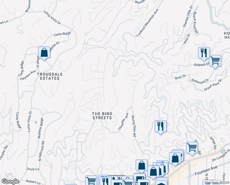 map of restaurants, bars, coffee shops, grocery stores, and more near 1615 Blue Jay Way in Los Angeles