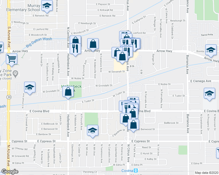 map of restaurants, bars, coffee shops, grocery stores, and more near 220 West Grondahl Street in Covina