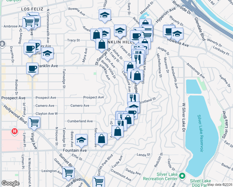 map of restaurants, bars, coffee shops, grocery stores, and more near 3831 Franklin Avenue in Los Angeles