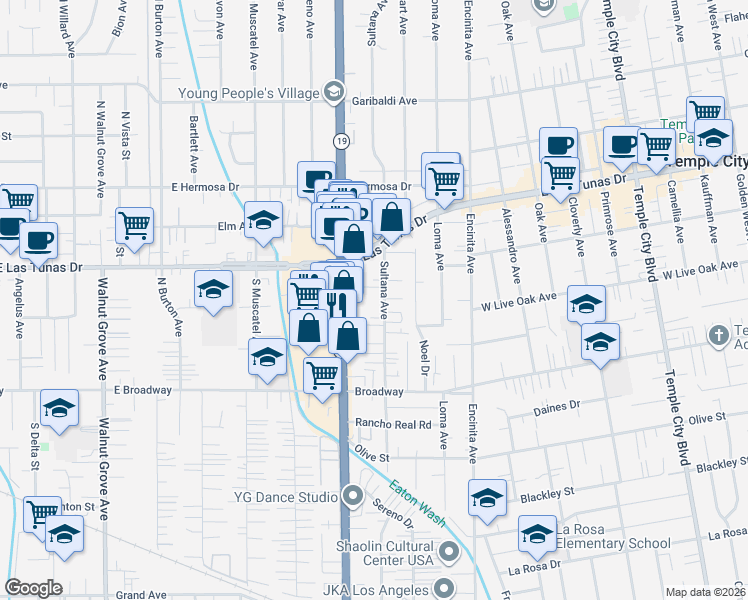 map of restaurants, bars, coffee shops, grocery stores, and more near 5647 Sultana Avenue in Temple City