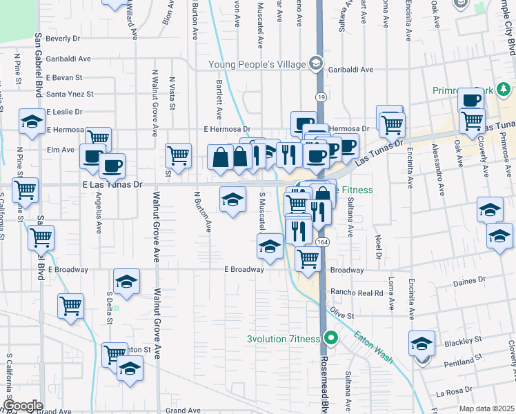 map of restaurants, bars, coffee shops, grocery stores, and more near 137 South Muscatel Ave in San Gabriel