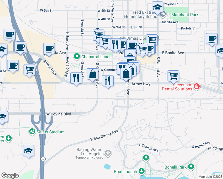 map of restaurants, bars, coffee shops, grocery stores, and more near 204 W Arrow Hwy in San Dimas