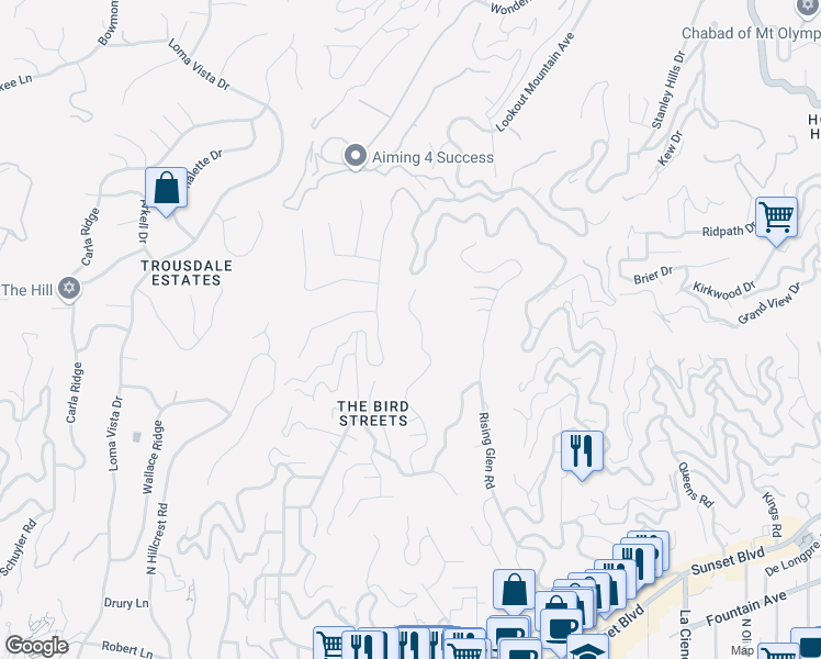 map of restaurants, bars, coffee shops, grocery stores, and more near 1615 Blue Jay Way in Los Angeles