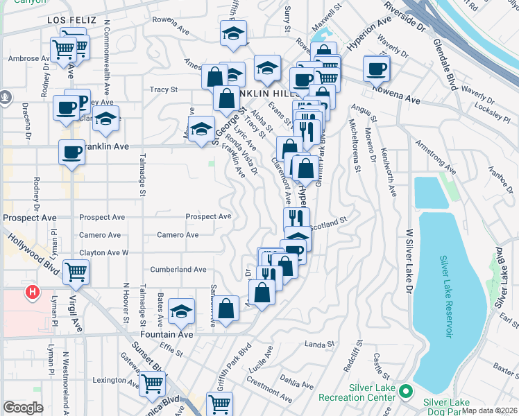 map of restaurants, bars, coffee shops, grocery stores, and more near 3831 Franklin Avenue in Los Angeles