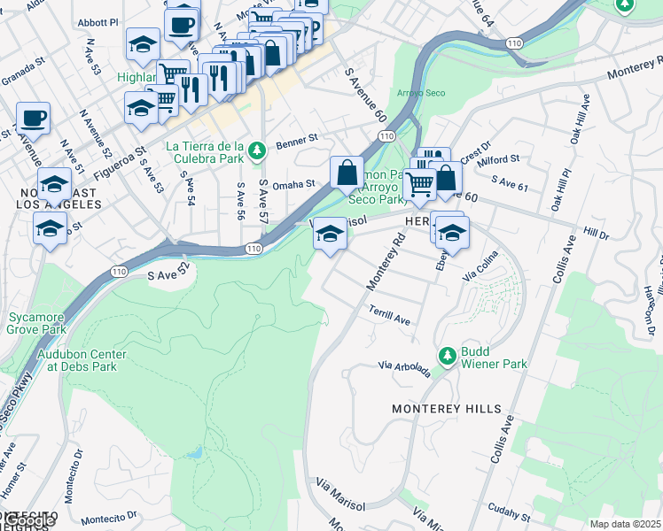 map of restaurants, bars, coffee shops, grocery stores, and more near 5507 Bushnell Way in Los Angeles