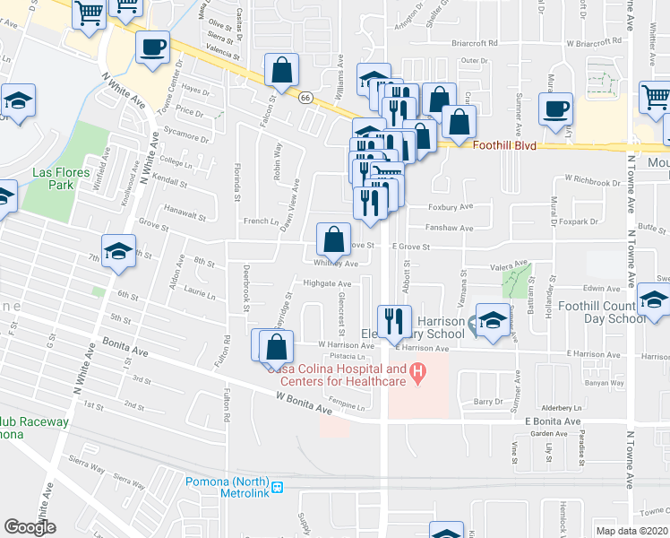 map of restaurants, bars, coffee shops, grocery stores, and more near 196 Whitney Avenue in Pomona