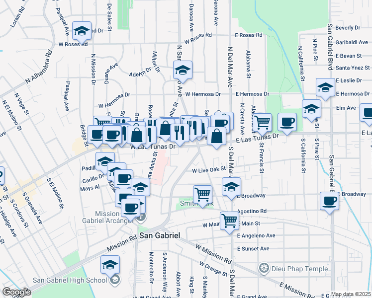 map of restaurants, bars, coffee shops, grocery stores, and more near 444 West Las Tunas Drive in San Gabriel