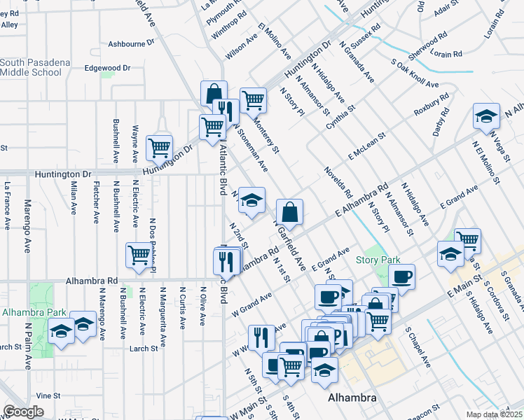 map of restaurants, bars, coffee shops, grocery stores, and more near 807 North Garfield Avenue in Alhambra