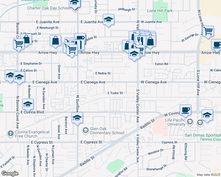 map of restaurants, bars, coffee shops, grocery stores, and more near 4950 North Treanor Avenue in Covina