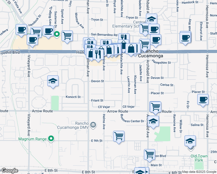 map of restaurants, bars, coffee shops, grocery stores, and more near 9442 Placer Street in Rancho Cucamonga