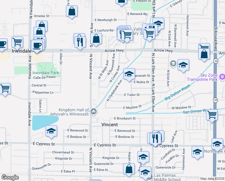 map of restaurants, bars, coffee shops, grocery stores, and more near 4937 North Clydebank Avenue in Covina