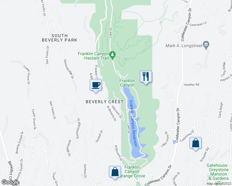 map of restaurants, bars, coffee shops, grocery stores, and more near 1707 Hillcrest Drive in Beverly Hills