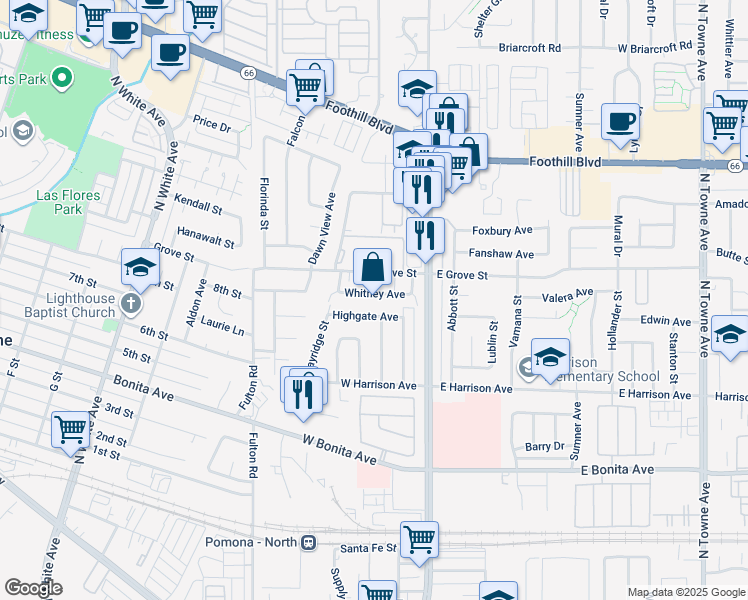map of restaurants, bars, coffee shops, grocery stores, and more near 204 Whitney Avenue in Pomona
