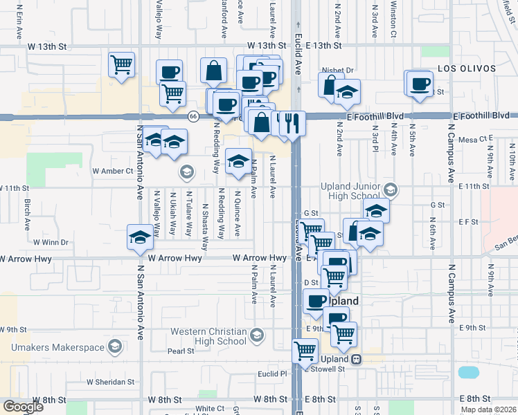 map of restaurants, bars, coffee shops, grocery stores, and more near 733 North Palm Avenue in Upland