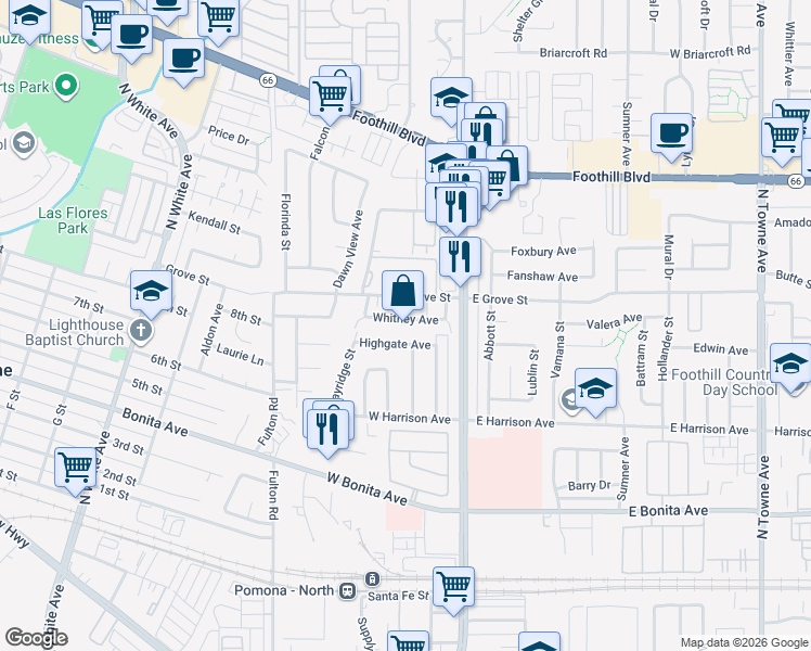 map of restaurants, bars, coffee shops, grocery stores, and more near 236 Whitney Avenue in Pomona