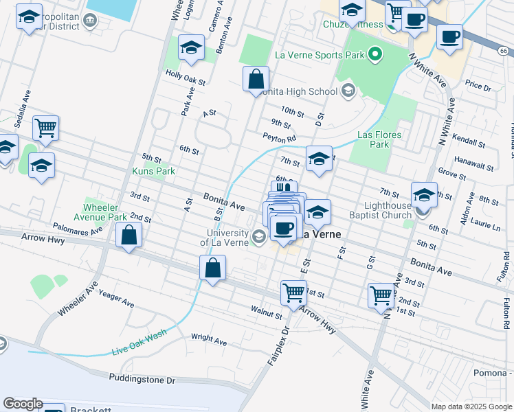 map of restaurants, bars, coffee shops, grocery stores, and more near 2020 5th Street in La Verne