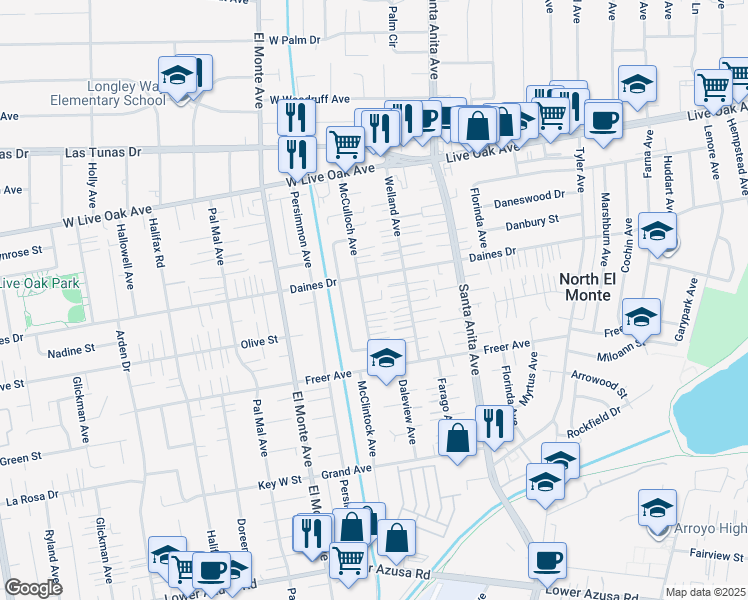 map of restaurants, bars, coffee shops, grocery stores, and more near 5438 McCulloch Avenue in Temple City
