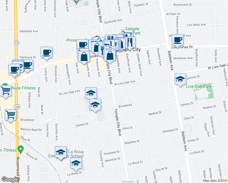 map of restaurants, bars, coffee shops, grocery stores, and more near in Temple City