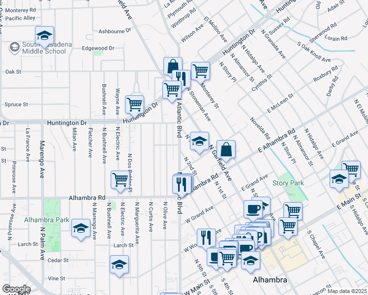 map of restaurants, bars, coffee shops, grocery stores, and more near 833 North 1st Street in Alhambra