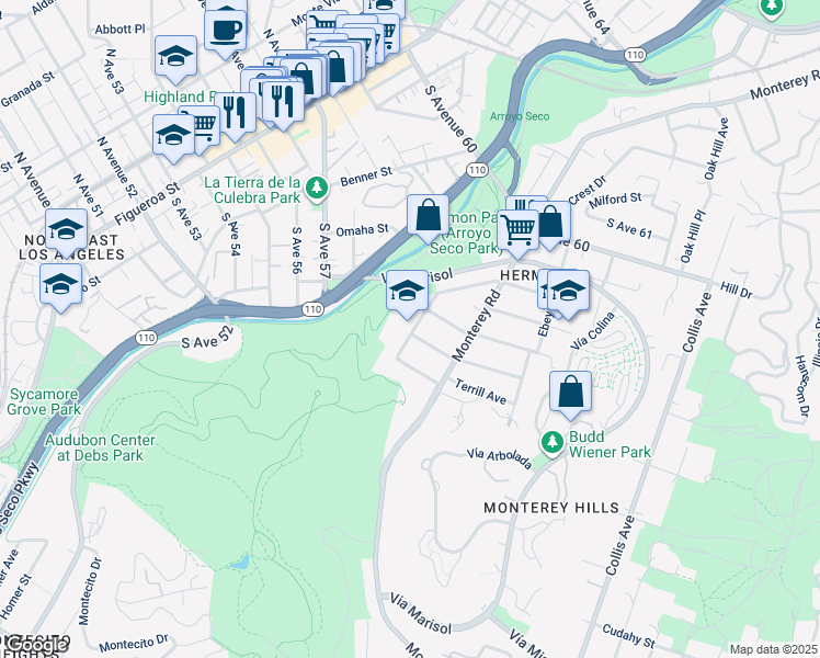 map of restaurants, bars, coffee shops, grocery stores, and more near 5507 Bushnell Way in Los Angeles