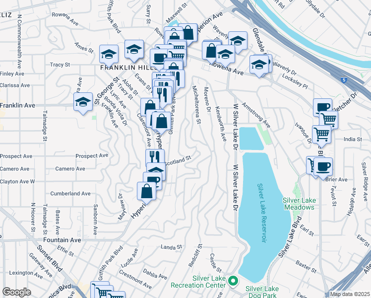map of restaurants, bars, coffee shops, grocery stores, and more near 2384 Panorama Terrace in Los Angeles