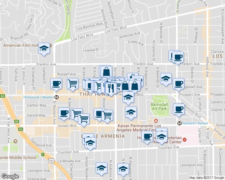 map of restaurants, bars, coffee shops, grocery stores, and more near in Los Angeles
