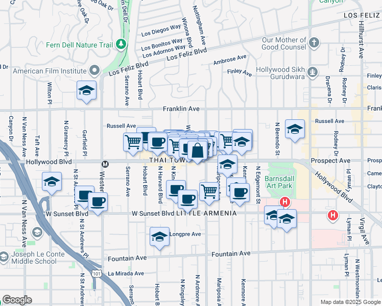 map of restaurants, bars, coffee shops, grocery stores, and more near 1723 Winona Boulevard in Los Angeles