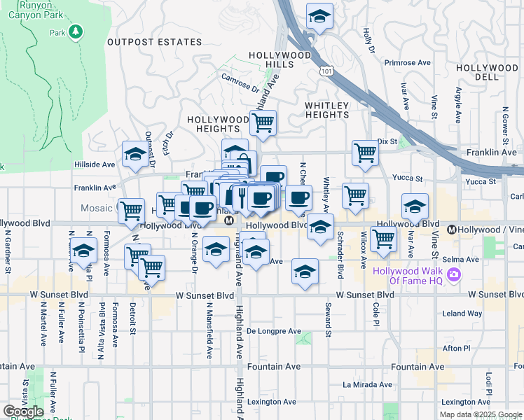 map of restaurants, bars, coffee shops, grocery stores, and more near 1755 North McCadden Place in Los Angeles