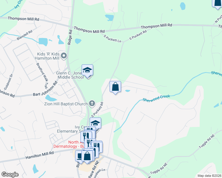 map of restaurants, bars, coffee shops, grocery stores, and more near 3567 Hill Pond Drive Northeast in Buford