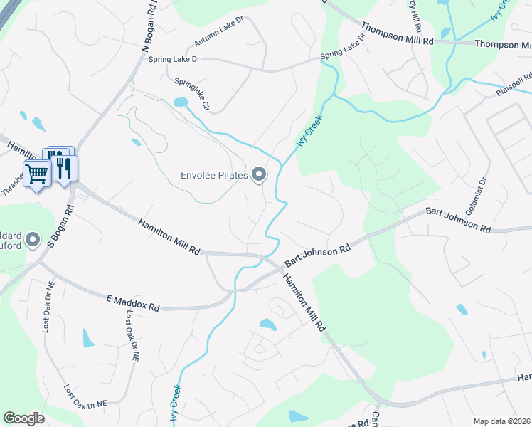 map of restaurants, bars, coffee shops, grocery stores, and more near 2880 Promenade Place in Buford