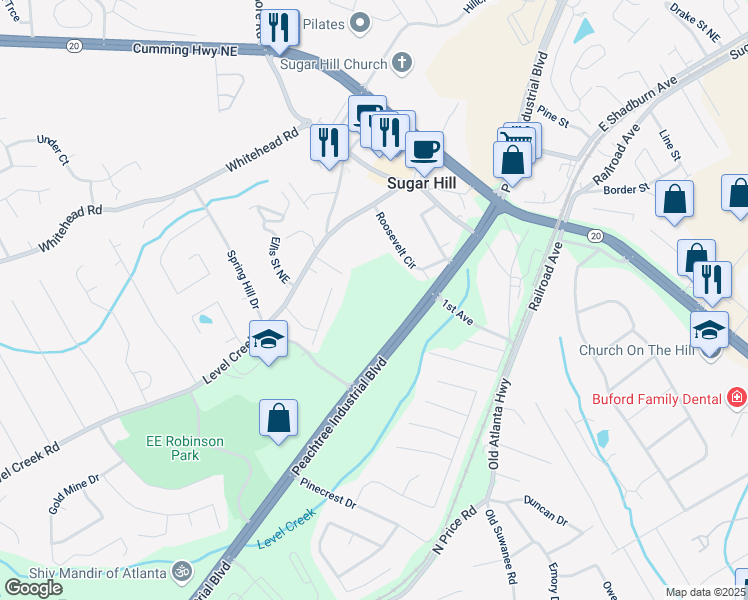 map of restaurants, bars, coffee shops, grocery stores, and more near 1091 Level Creek Road in Buford
