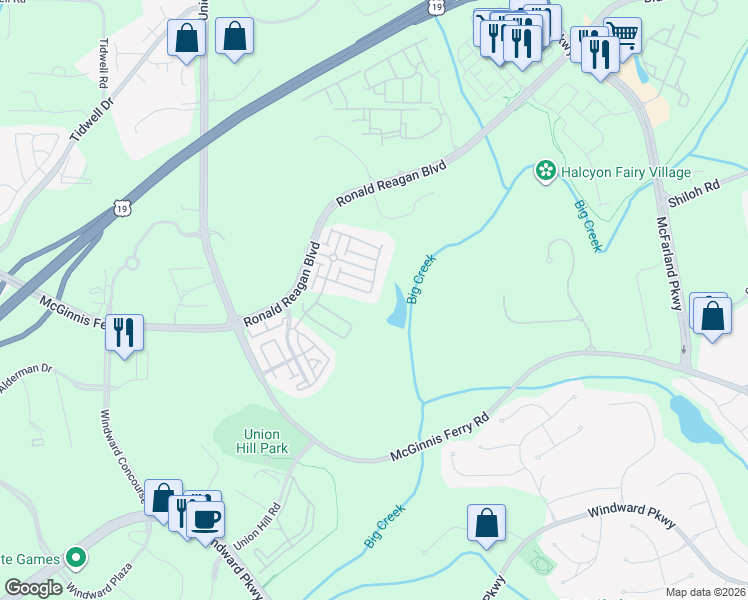 map of restaurants, bars, coffee shops, grocery stores, and more near 6920 Sentara Place in Alpharetta