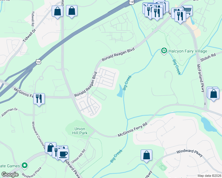 map of restaurants, bars, coffee shops, grocery stores, and more near 6910 Sentara Place in Alpharetta