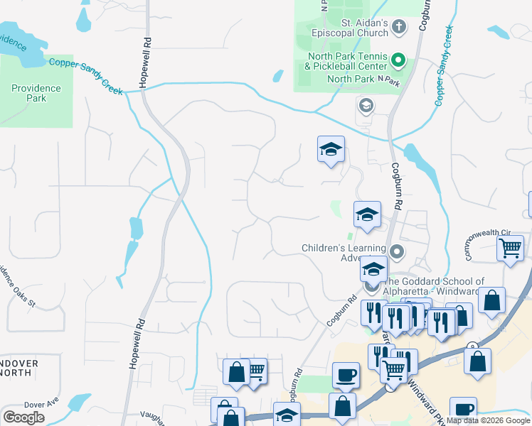 map of restaurants, bars, coffee shops, grocery stores, and more near 510 Abernathy Oaks Way in Alpharetta