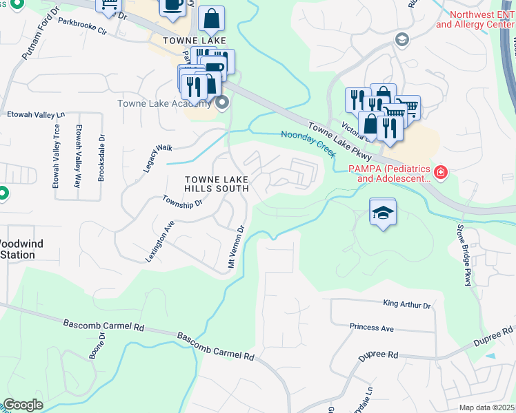 map of restaurants, bars, coffee shops, grocery stores, and more near 1000-1098 Towne Lake Hills South Drive in Woodstock