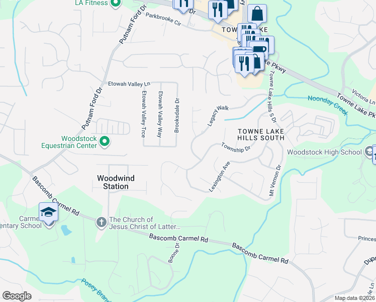 map of restaurants, bars, coffee shops, grocery stores, and more near 1062 Legacy Walk in Woodstock