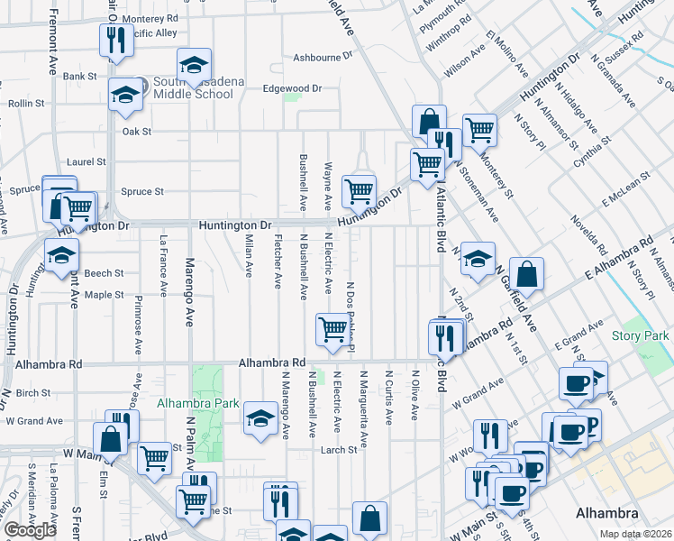 map of restaurants, bars, coffee shops, grocery stores, and more near 906 North Electric Avenue in Alhambra
