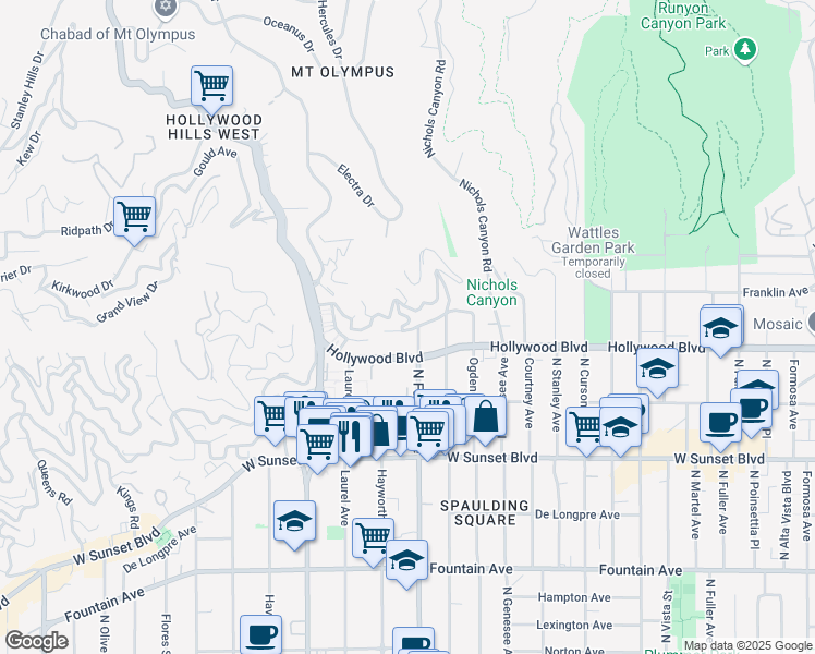 map of restaurants, bars, coffee shops, grocery stores, and more near 7911 Hillside Avenue in Los Angeles