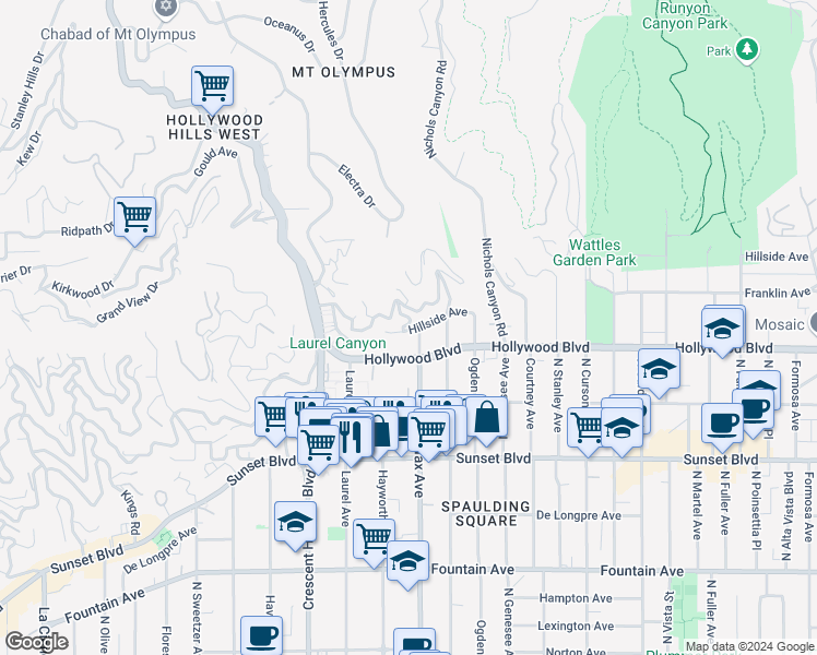 map of restaurants, bars, coffee shops, grocery stores, and more near 7911 Hillside Avenue in Los Angeles