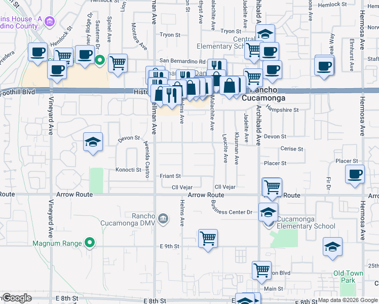 map of restaurants, bars, coffee shops, grocery stores, and more near 9442 Placer Street in Rancho Cucamonga