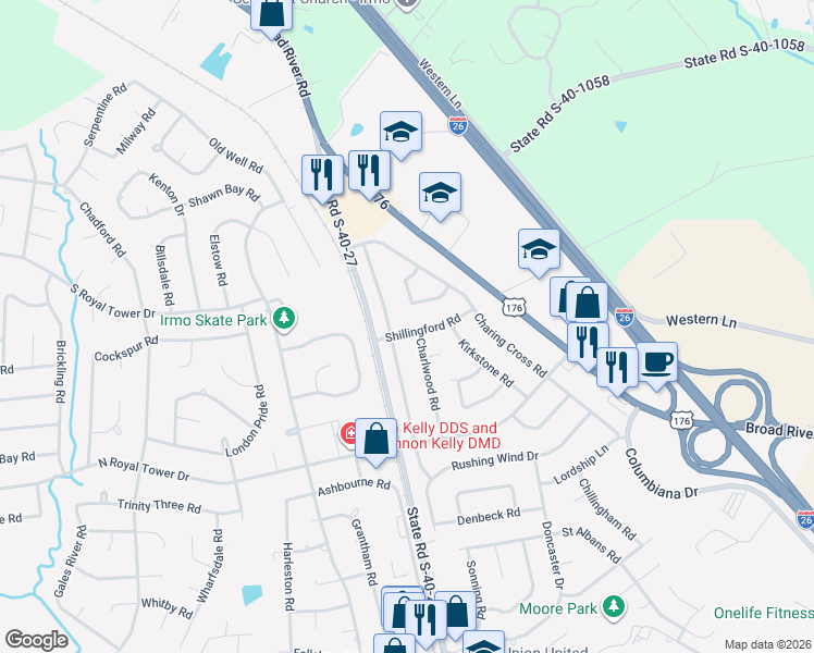 map of restaurants, bars, coffee shops, grocery stores, and more near 113 Shillingford Road in Irmo