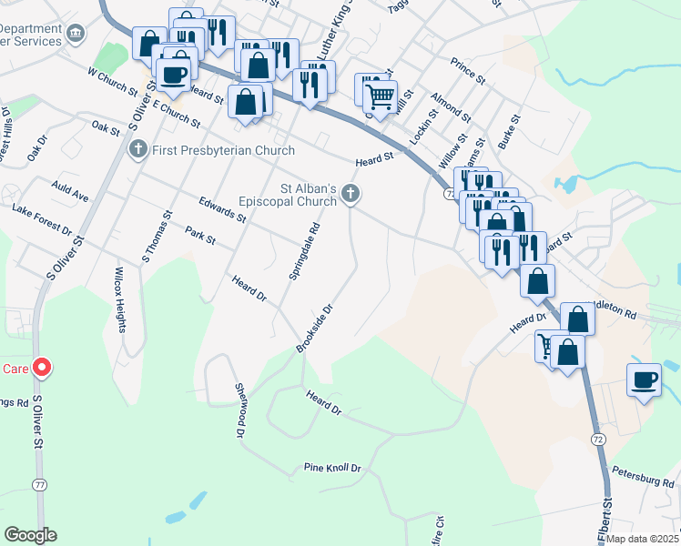 map of restaurants, bars, coffee shops, grocery stores, and more near 152 Brookside Drive in Elberton