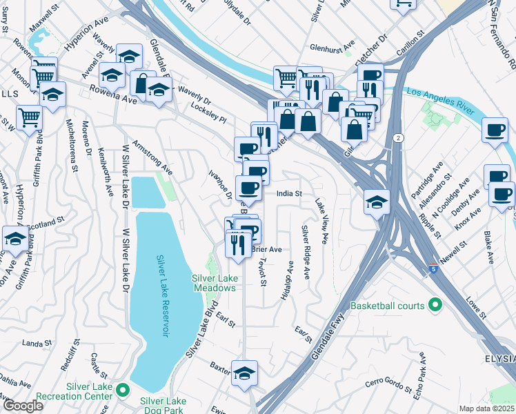 map of restaurants, bars, coffee shops, grocery stores, and more near 2477 Silver Lake Boulevard in Los Angeles